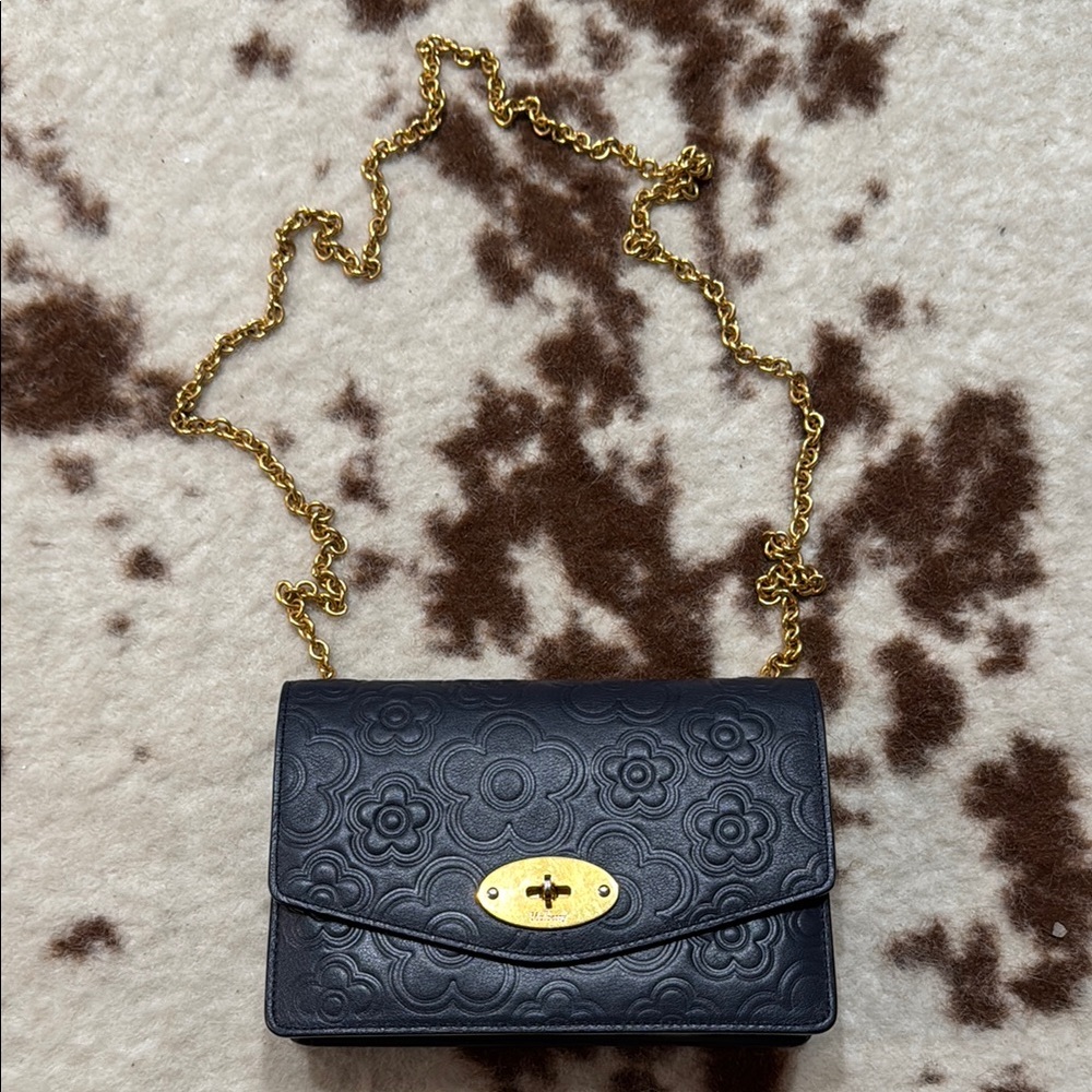Mulberry Small Darley Navy Floral Embossed Bag with Gold Chain